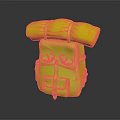Orange Backpack With Green Rolled Item Yellow Embroidery And Small Pockets