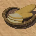 Fresh Loaf of Bread and Sliced Pieces in Wicker Basket on Wooden Table
