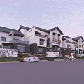 Modern Townhouses Exterior With Row Layout Lawn Parked Car And Cloudy Sky