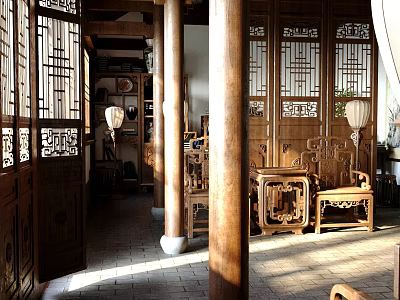 Chinese Style Reception Room With Wooden Furniture Carved Doors And Windows Lanterns Columns And Sunlight 3d model