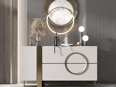 Modern Console And Side Cabinet With White Finish Golden Trim Round Mirror And Decorative Lamps 3d model