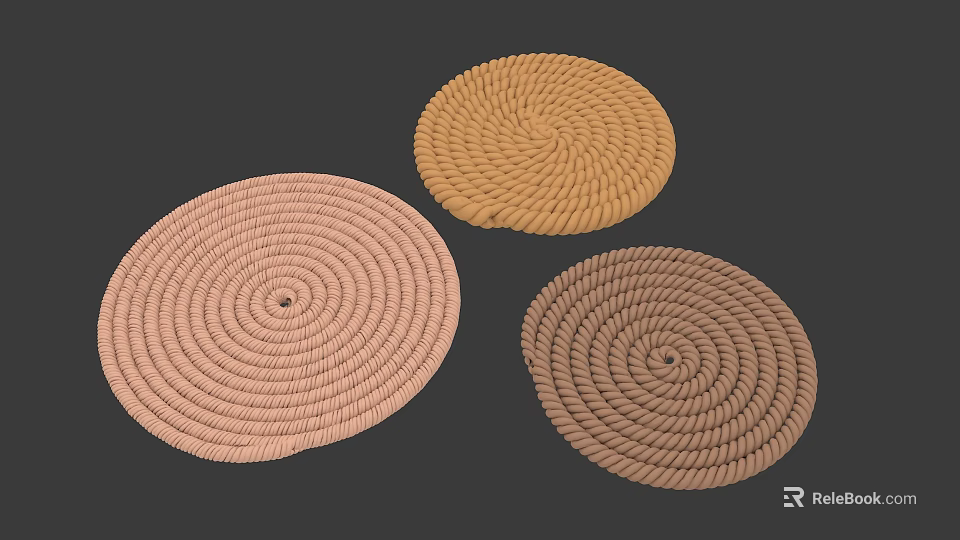 Three Woven Circular Mats With Various Colors And Braided Texture 3d model 