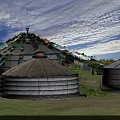 Garden Decorative Yurts With Colorful Prayer Flags On Green Grass Under Blue Sky