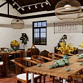 Traditional Restaurant Interior With Wooden Tables Chairs Green Vases Yellow Flowers Hanging Lamps And Calligraphy Scroll