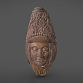 Intricate Wooden Human Head Sculpture Carving With Feather Headdress Design Details