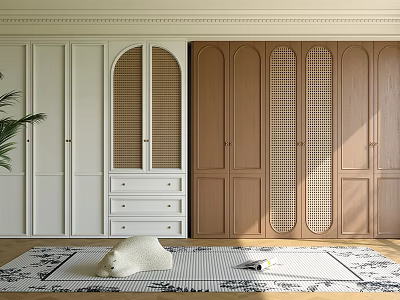 Modern White And Brown Wardrobe With Rattan Panel Doors And Drawer Storage 3d model