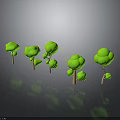 Green Tree Models With Light Colored Trunks And Green Canopies On Black Background With Reflections