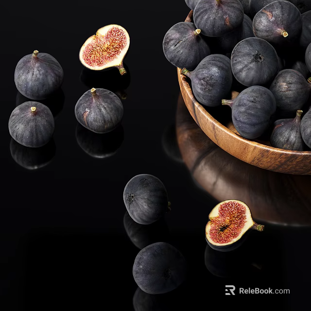 Fresh Ripe Dark Purple Figs in Wooden Bowl with Halved Red Flesh on Black Background 3d model 