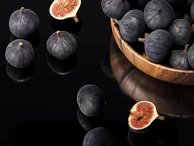 Fresh Ripe Dark Purple Figs in Wooden Bowl with Halved Red Flesh on Black Background 3d model