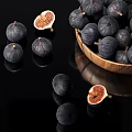Fresh Ripe Dark Purple Figs in Wooden Bowl with Halved Red Flesh on Black Background