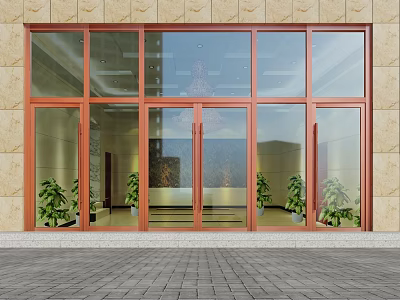 Entrance Glass Door with Red Frame Beige Wall Green Plants and Gray Brick Floor 3d model