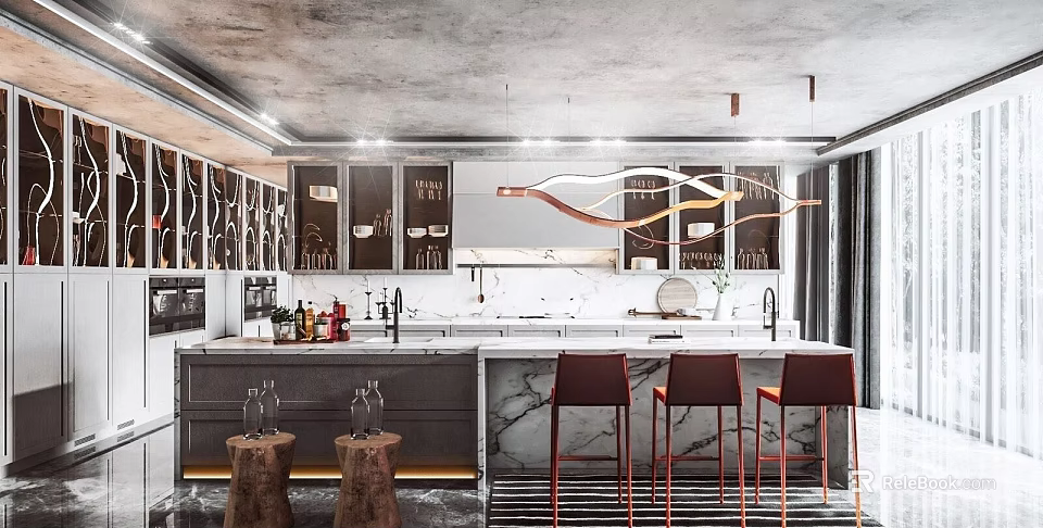 Modern Kitchen With Marble Countertop Red Bar Stools And Pendant Lights 3d model