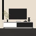 Modern White Black TV Stand with TV Screen Vase Green Plant Teddy Bear and Books