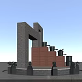 Traditional Garden Landscape Design With Stone Arch Red Brick Platform And Black Sculptures