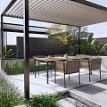 Courtyard Garden Design With Shaded Pergola Outdoor Dining Area Green Plants And Stone Pathway