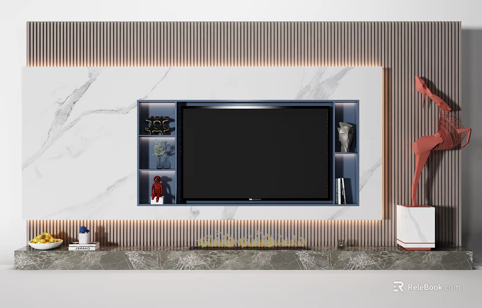 Modern TV Wall Design With Marble Background Flat Screen TV And Decorative Shelves 3d model