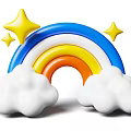 Playful 3D Render Of Colorful Rainbow With Fluffy Clouds And Shiny Stars Decoration