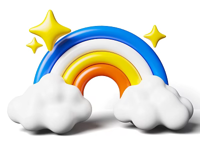 Playful 3D Render Of Colorful Rainbow With Fluffy Clouds And Shiny Stars Decoration 3d model