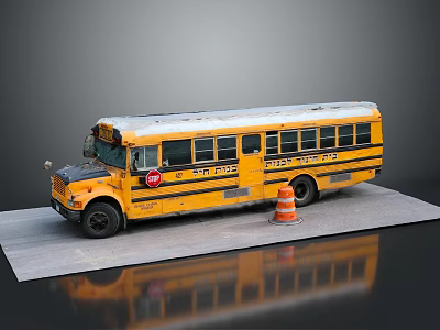 Yellow School Bus With Stop Sign Parked Near Orange Traffic Cone On Gray Pavement 3d model