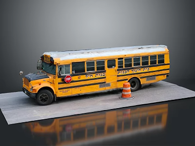 Yellow School Bus With Stop Sign Parked Near Orange Traffic Cone On Gray Pavement 3d model