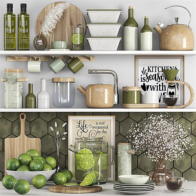 Stylish Open Shelf Kitchenware Display With Green Jars Lime Kettle And Quotes Sign 3d model