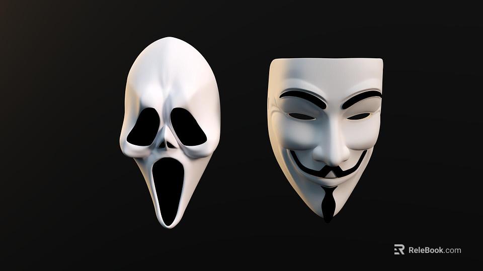 Two White Doll Masks With Different Designs Featuring Scream Mouth And Mustache Details 3d model 