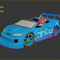 Blue Sporty Convertible Racing Car With Cartoon Character Driver And Rear Spoiler