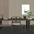 Modern Chinese Minimalist Tea Room With Wooden Tea Table Chairs Tea Sets And Green Plant