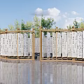 Wooden Framed Display Panels Featuring Characters Against Blue Sky With Trees On Shiny Floor Reflections