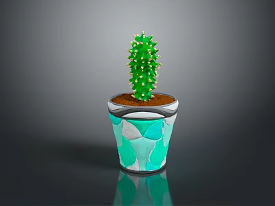 Indoor Cactus Plant In Teal And White Mosaic Decorative Pot On Dark Reflective Surface 3d model
