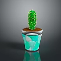 Indoor Cactus Plant In Teal And White Mosaic Decorative Pot On Dark Reflective Surface
