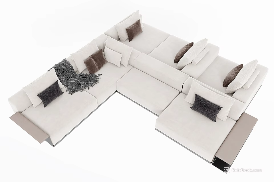 Modern Light Colored Sectional Sofa With Plush Cushions And Throw Blanket 3d model