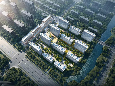 Residential Aerial Planning Featuring High Rise Buildings Tree Lined Roads River And Green Spaces 3d model