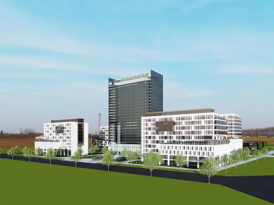 Modern Office Building Featuring High Rise And Low Rise Structures With Green Area And Trees 3d model