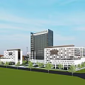 Modern Office Building Featuring High Rise And Low Rise Structures With Green Area And Trees
