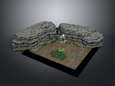 Game Movie Character in 3D Scene Standing Between Two Rocks with Dirt Ground Green Grass 3d model