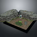 Game Movie Character in 3D Scene Standing Between Two Rocks with Dirt Ground Green Grass