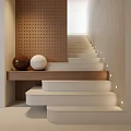 Modern Staircase With White Steps Perforated Wooden Wall Side Lights And Shelf Spheres