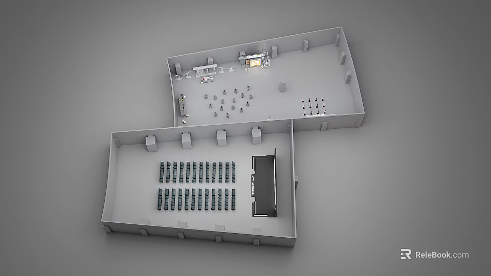 Birds Eye View Of Indoor Layout With Seating Arrangement Tables And Equipment 3d model 