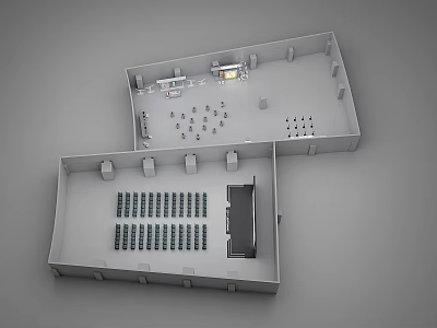 Birds Eye View Of Indoor Layout With Seating Arrangement Tables And Equipment 3d model