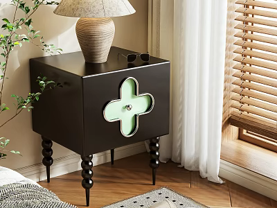 Black Nightstand With Green Clover Shaped Detail Table Lamp Ceramic Base And Potted Plant 3d model