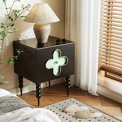 Black Nightstand With Green Clover Shaped Detail Table Lamp Ceramic Base And Potted Plant 3d model