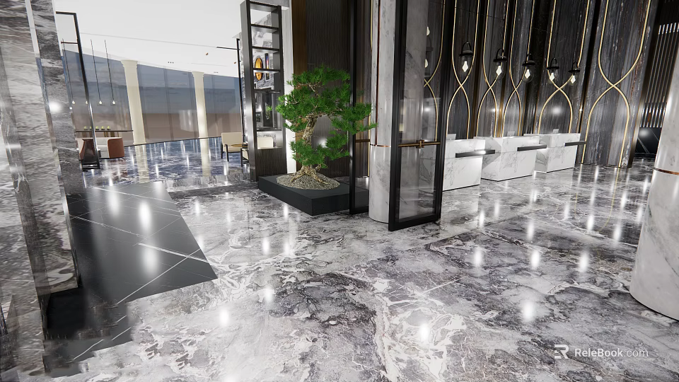 Elegant Modern Hotel Lobby With Polished Marble Floor Green Plant And Sofa Seating 3d model 