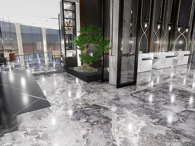 Elegant Modern Hotel Lobby With Polished Marble Floor Green Plant And Sofa Seating 3d model