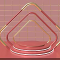 Pink Background Display With Gold Red Geometric Triangle Frames Circular Platform And Neon Light