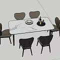 Modern Dining Table Set With White Marble Top And Six Dark Chairs 3d model