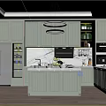 Stylish Sage Green Kitchen With Central Island Marble Backsplash Built In Cabinets And Premium Appliances