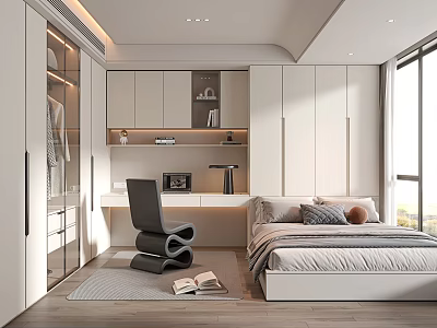Tatami Bedroom Interior With White Wardrobes Desk Chair Cozy Bed Soft Rug And Natural Light 3d model