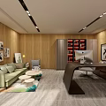 Modern Office Interior With Wooden Bookshelves Desk And TV Fireplace Marble Floor And Large Window