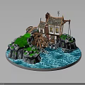 Traditional Cottage With Wooden Watermill Chimney Rocks Green Grass And Flowing Water